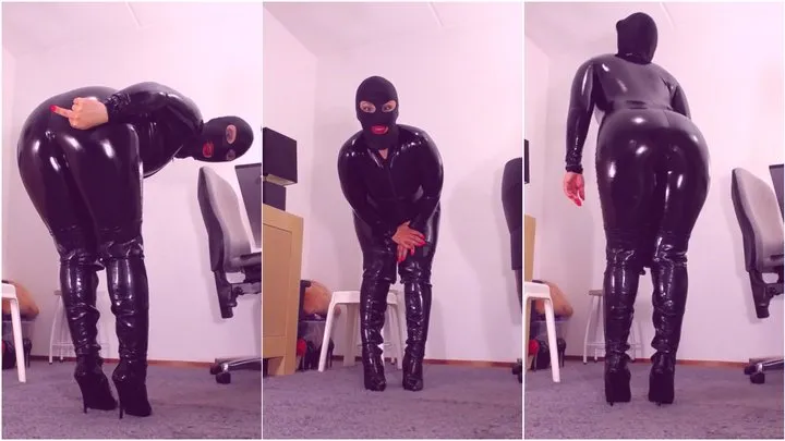 633 Worship Latex Goddess shiny body in a black latex catsuit, a black mask, shiny thigh high boots with stiletto heel, middle finger, verbal humiliation, mind fuck