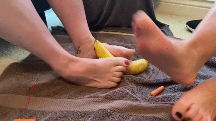 Scarlett Kage and female partner in Foot Food Fight - foot worship, sensual foot play, girl on girl, food, food smashing, crushing, toes