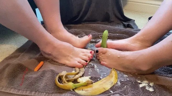 Scarlett Kage and female partner in Foot Food Fight- cucumber clip - sensual foot play, foot fetish, lesbian, food crushing, toes, polished toes, wet and messy