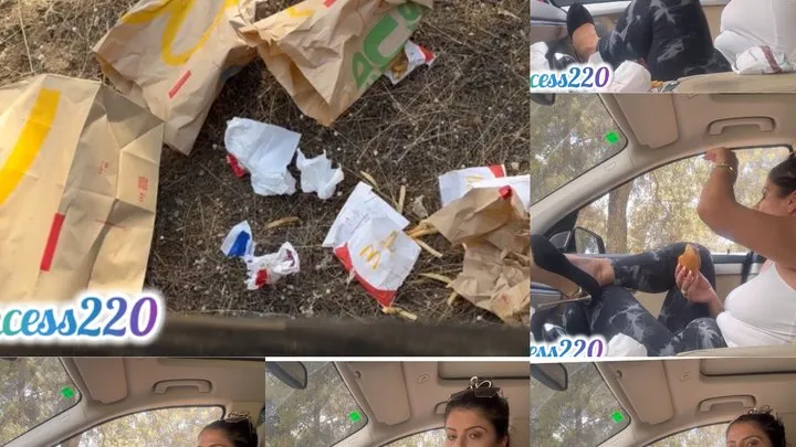 Driving, eating in the car and throwing garbage in the forest