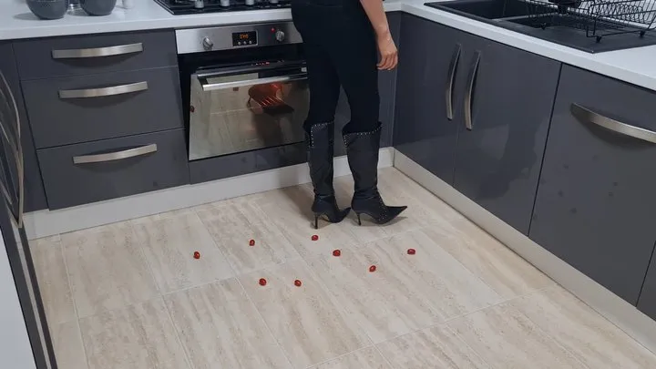 Stiletto Boots Crushing Tomato's in the Kitchen