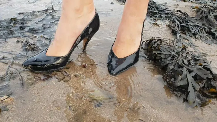 Patent Vintage Heels at the Beach