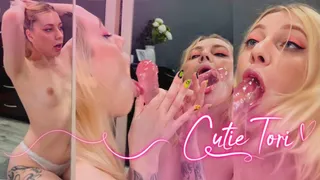 Blonde CutieTori deep sucking big dildo in front of the mirror, lots of drool, ahegao, deepthroat