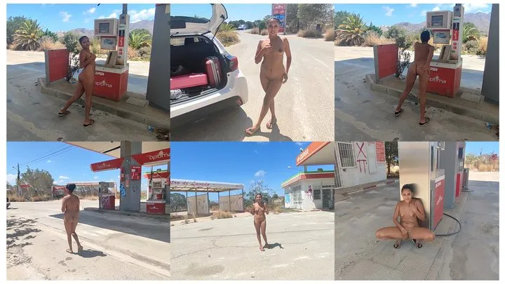 I park the car at a gas station on the highway and take off my clothes and masturbate