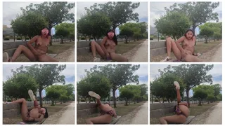 Cute skinny Latina, naked, masturbation with dildo, on a park seat