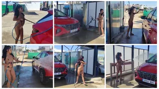 In public without clothes washing the car in gasoline