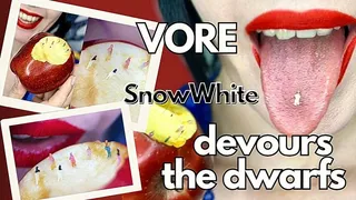 The giantess Snow White and the tiny dwarfs