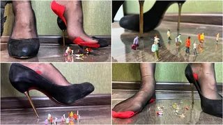 A vintage mean giantess in stiletto heels tramples on tiny people