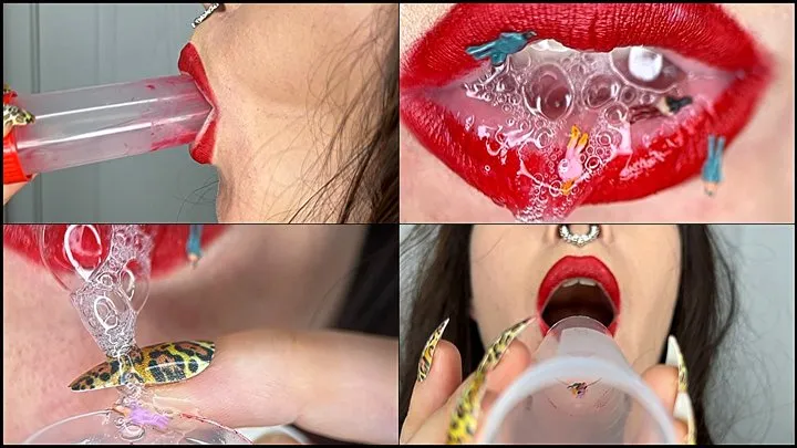 The giantess sucks the bottle into which she drooled and abandoned the tiny slaves