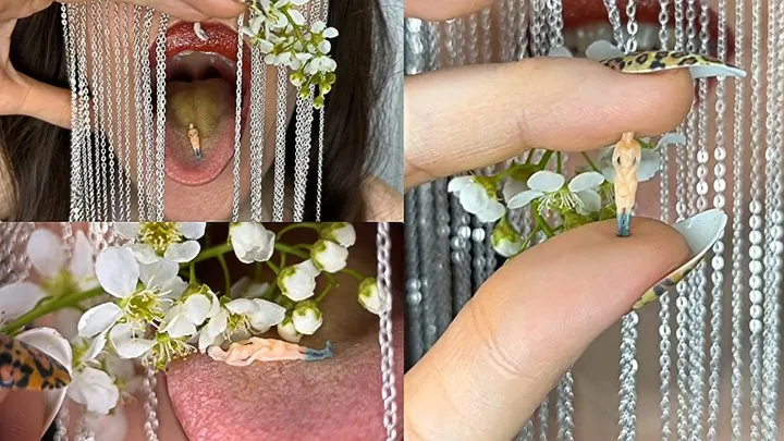 Floral tenderness for a tiny lady in the giantess's mouth