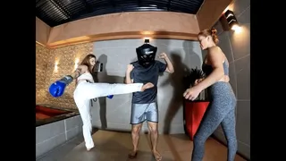 This guy is so faggot that he couldnt handle my kicks! Double trouble beatdown, two girls spanking and kicking a guy that should be at his home