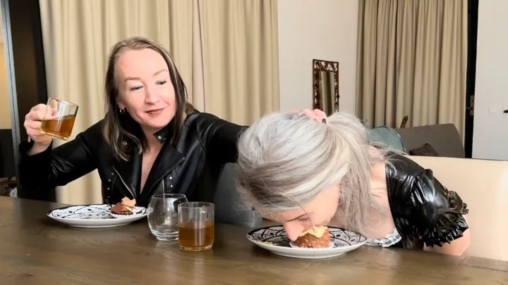 Eat the cake!! Mistress feeds cake to cuffed slave girl, Dirty face, Food play