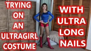 Trying On An Ultra Girl Costume With Ultra Long Nails - Candle Boxxx Long Red Fingernails Struggling With Shiny Tights For Superheroine Cosplay