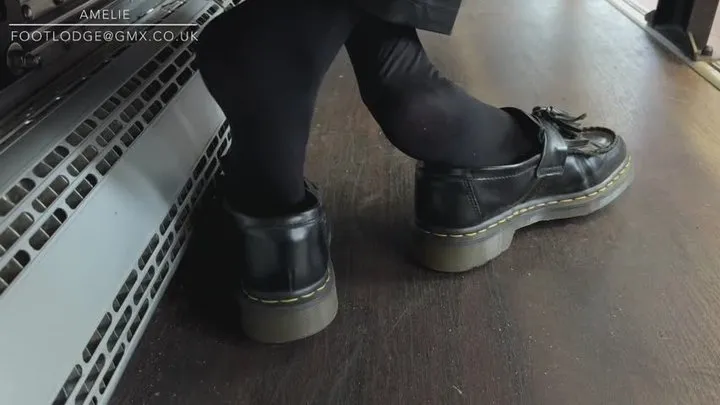 Close up candid Shoeplay in loafers and tights on the bus