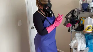 Gas Mask and Leather Boot Babe tries on Gloves