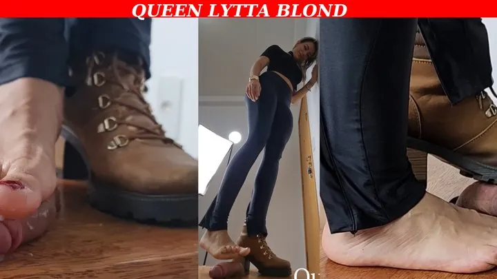 Queen Lytta Blond - CBT EP 7 - Sexy Shoejob Footjob and step on his cock until he bust on her feet - 2 angles - CBT - COCK TRAMPLING - FOOT DOMINATION - FOOT HUMILIATION - BALLBUSTING - COCK SQUEEZE - FOOT FETISH - SOLES - COCK STOMP - FEMDOM