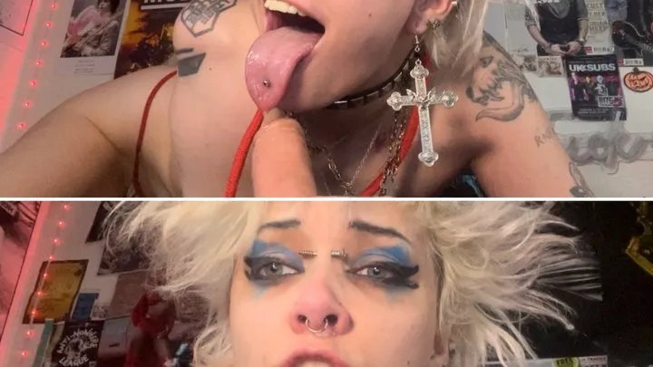 GLITTERQUEEN1999 ties her nose with rope, pig nose fetish, deepthroat cock sucking spit fetish long tongue goth fetish