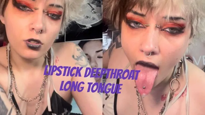 CUTE Goth girl with long tongue spit fetish drooling lipstick