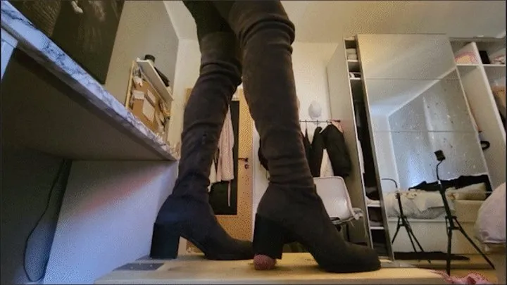 Badbitch tramples my cock with her kneehigh boots on a cockboard