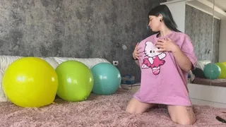 Balloons stuffing! Sabina in a T-shirt and thong is doing 3 S2Ps and her boobs are growing!