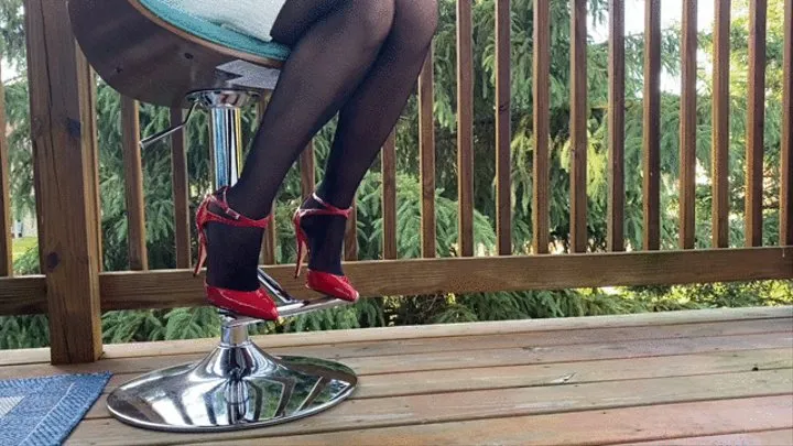 Showing off my sexy outfit in red high heel pumps before a date