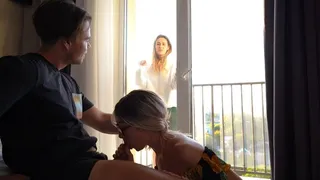 Cheating With Milf Stepmom While Girlfriend Locked Up On The Balcony In Front Of Us!