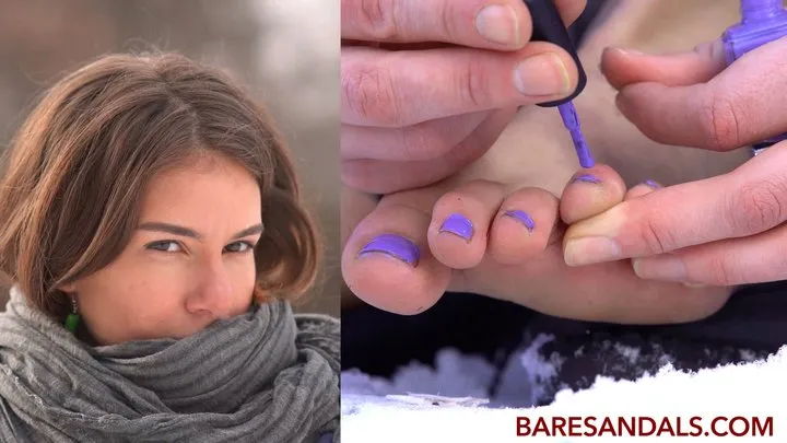 Teresa applies nail polish to her toes outside in the snow - Video update 12400