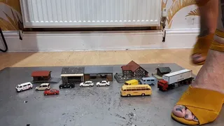 Giantess Atari queen destroys tiny cars buses and buildings toy car crush in sexy yellow wedges ground view