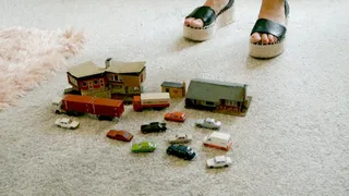 Giantess Charn Vs Tiny town and cars toy car crush in sexy wedges full body view