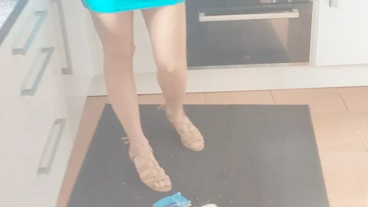 Raven Lee crushing 2 hand built model cars in heeled sandals with painted toenails and pretty feet full body view