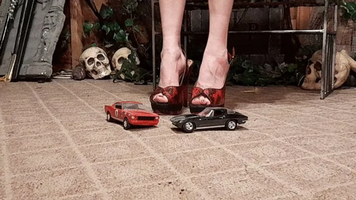 Fallen Raven in Red high heels crushes toy cars Ford Mustang & Corvette ground view (shaky camera)