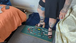 Giantess Jayne vs 30 tiny tiny wiking cars, trucks & bus in chunky sandals toy car crush extra high view