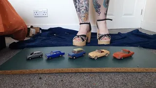 Giantess Jayne crushes 5 plastic cars in chunky heels toy car crush low closeup ground view