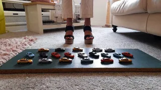 GIANTESS Charn crushes 20 tiny toy cars in chunky high heels close up view feet foot toy car crush