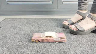 Abby Giantess toy car crush 1960s Cadillac Junker lower side view in sexy black platform high heels