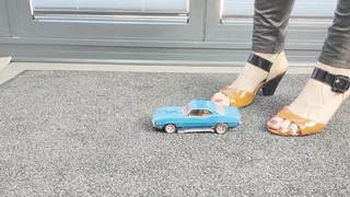 Abby Giantess toy car crush 1969 Chevrolet Camaro lower side view in open toe heels