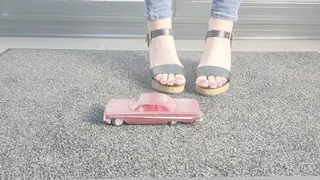 Ground level Abby giantess crushes a 1961 Impala SS 409 in high heeled sandals