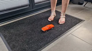 Abby Giantess toy car crush 1970 Boss Mustang in sexy flat sandals High side view Normal speed