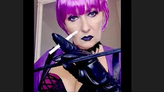 Mistress Queen Joan smokes in leather gloves POV 2 Lucky Strike in a row and teaches you obedience with her crop