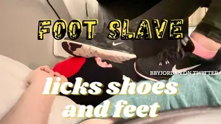 Foot slave licks shoes and feet