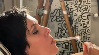 Full dangle of my cigarette long ash and sucking it to the filter - close up profile POV