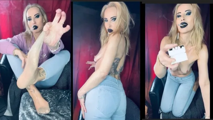 Addicted darkside step-mom chain smokes Marlboro 100 casual in nylons & jeans