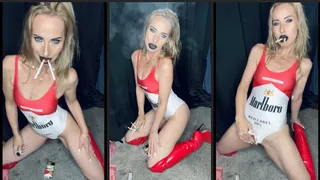 Your sexy Marlboro girl smokes 2 Marlboro red 100 at once in red boots