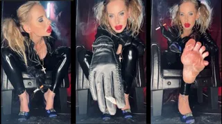 Chain smoking in pvc Leather gloves and high heels