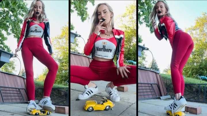 Marlboro girl chain smokes while crush your toy car with her superstars