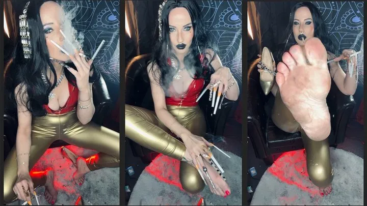 Your Queen smokes 2 Marlboro 100 at once in pvc and extra long nails While u worship her dirty feet