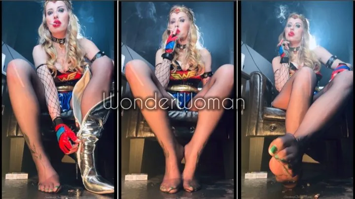 WonderWoman use the villain looser as her human ashtray and nylon worshipper