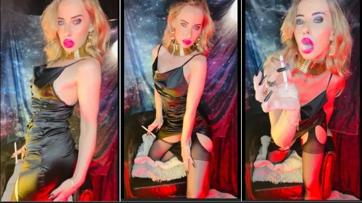 Watch me smoking a VS 120 in silky dress and nylons