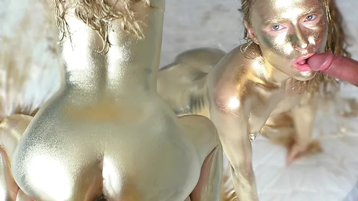 All alone with golden paint, blowjob, dick ride and cum on golden ass