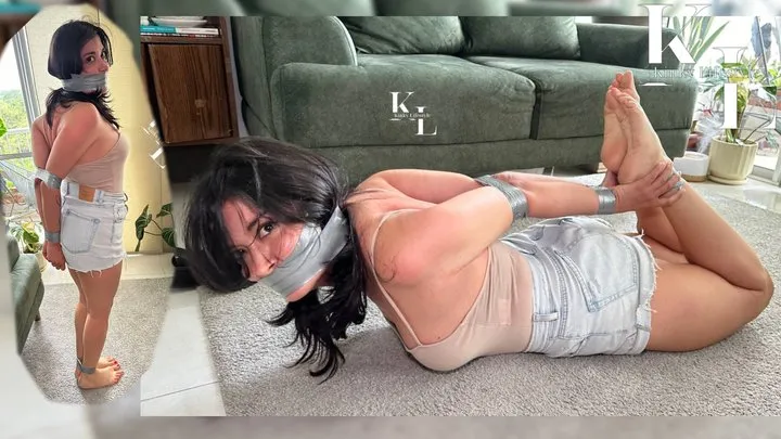 Elbows Together & PVC Wrapgag For Simona (Duct Tape Bondage, Barefoot, Jean Shorts, Tight Blouse, Struggling)